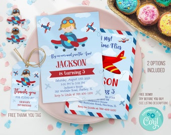 Airplane Birthday Invitation Template, Airplane Invitation, Pilot Birthday Invitation, Airplane thank you tag, Editable Template