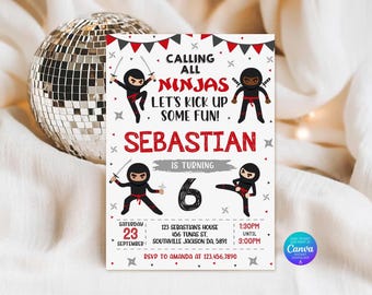 Op de afbeelding: Een rechthoekige verjaardagsuitnodigingskaart met een witte achtergrond en rood-zwarte ninja-afbeeldingen. De tekst luidt: CALLING ALL NINJAS LET'S KICK UP SOME FUN! SEBASTIAN IS TURNING 6, inclusief evenementdetails zoals datum, tijd en locatie.