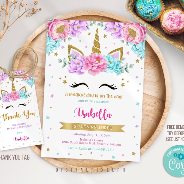 Unicorn Birthday Invitation, Unicorn Birthday Invite, Unicorn Party Invitation, Unicorn Thank you tag, Editable Invitation