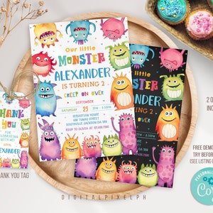 Editable Monster Birthday Invitation Template, Monster Birthday Invitation, Monster thank you tag, Monster  Invitation, DPH