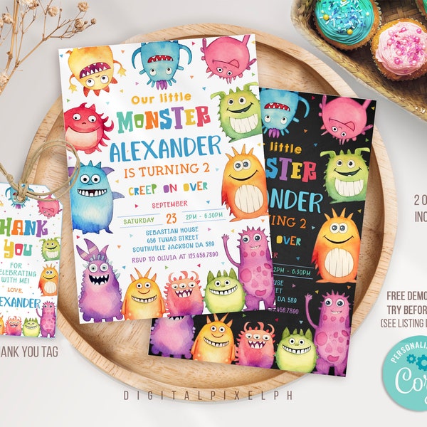 Editable Monster Birthday Invitation Template, Monster Birthday Invitation, Monster thank you tag, Monster  Invitation