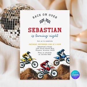 May include: A rectangular birthday invitation card featuring the text Race on over, Sebastian is turning eight, and event details. The design includes illustrations of three motocross riders on yellow, red, and blue dirt bikes jumping over dirt mounds.