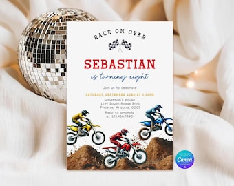 May include: A rectangular birthday invitation card featuring the text Race on over, Sebastian is turning eight, and event details. The design includes illustrations of three motocross riders on yellow, red, and blue dirt bikes jumping over dirt mounds.