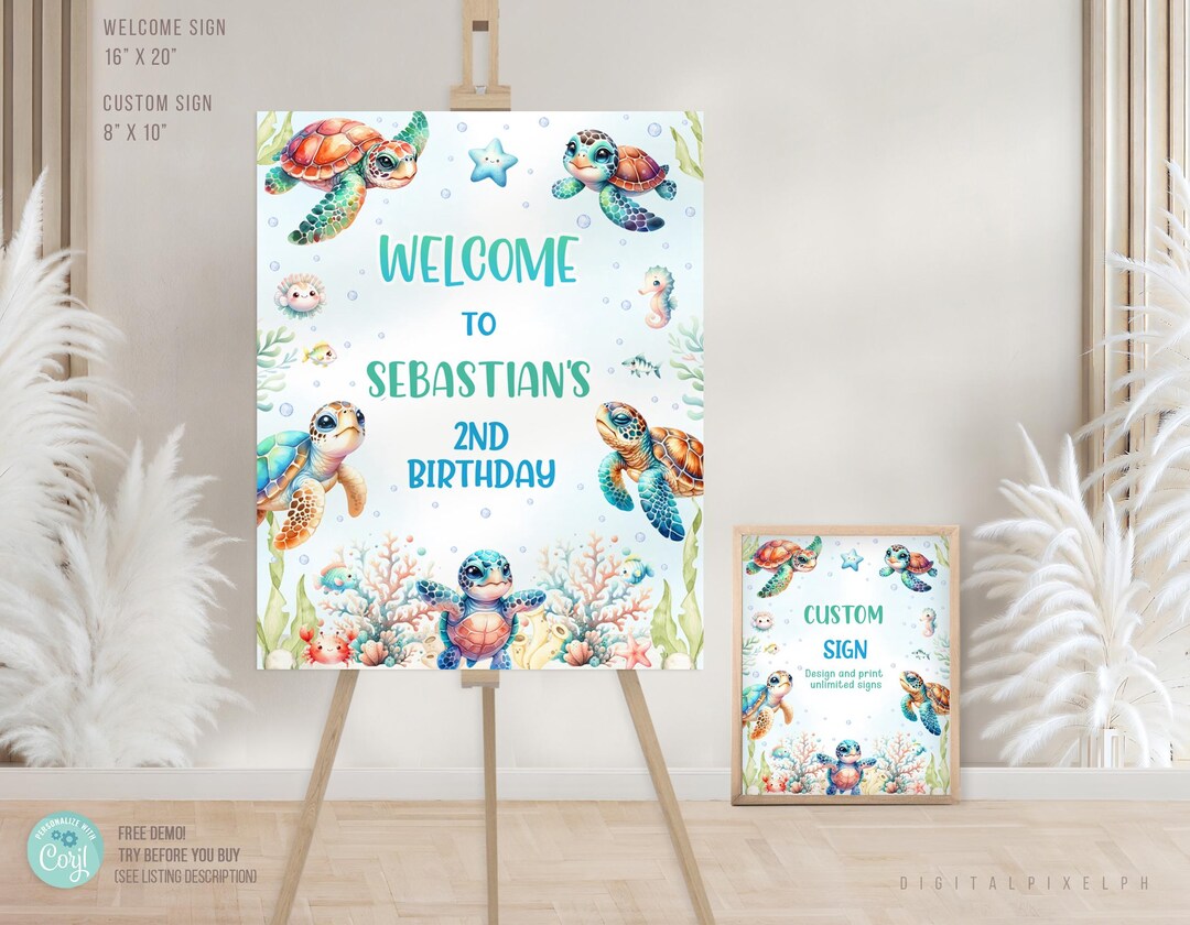 Turtle Birthday Welcome Sign Template, Turtle Custom Sign, Under the ...