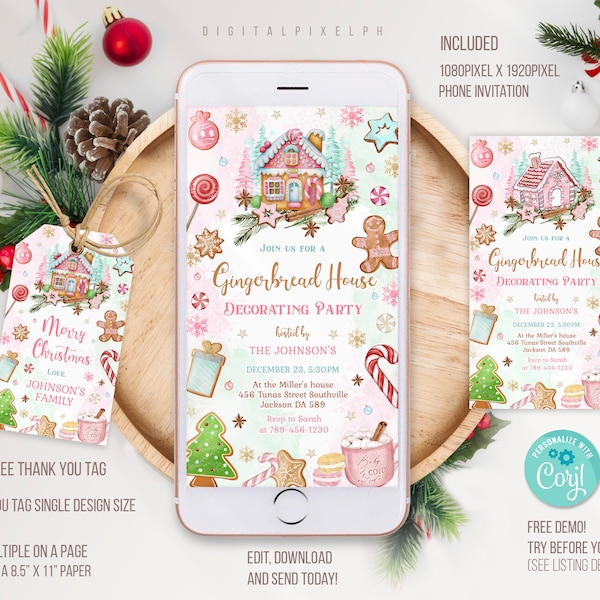 Editable Christmas Party Phone Invitation Template, Gingerbread House Decorating Party Phone Invitation, Christmas Party Electronic Invite