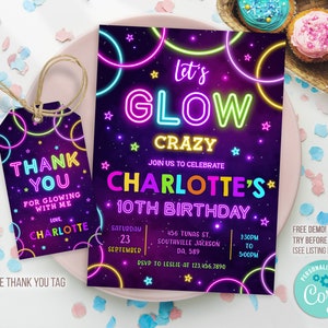 Glow Party Birthday Invitation, Glow Invitation, Glow Party Template, Glow thank you tag, Glow Editable Template