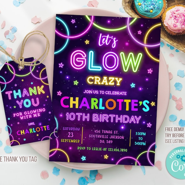 Glow Party Birthday Invitation, Glow Invitation, Glow Party Template, Glow thank you tag, Glow Editable Template