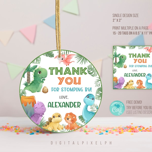 Editable Dinosaur Round thank you tags, Dinosaur Sticker, Dinosaur Square thank you tags, Dinosaur Favor Tags