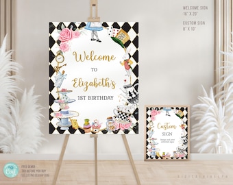 Plantilla de cartel de bienvenida de Alicia en el País de las Maravillas, decoración de fiesta editable (descarga digital)