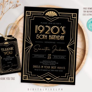 Bearbeitbare 1920er Jahre Art Deco-Geburtstagseinladung, 30.40.50.Geburtstagsfeier, Große Gatsby-Party einladen, Schwarz-Gold-zwanziger Jahre Abendessen M3L