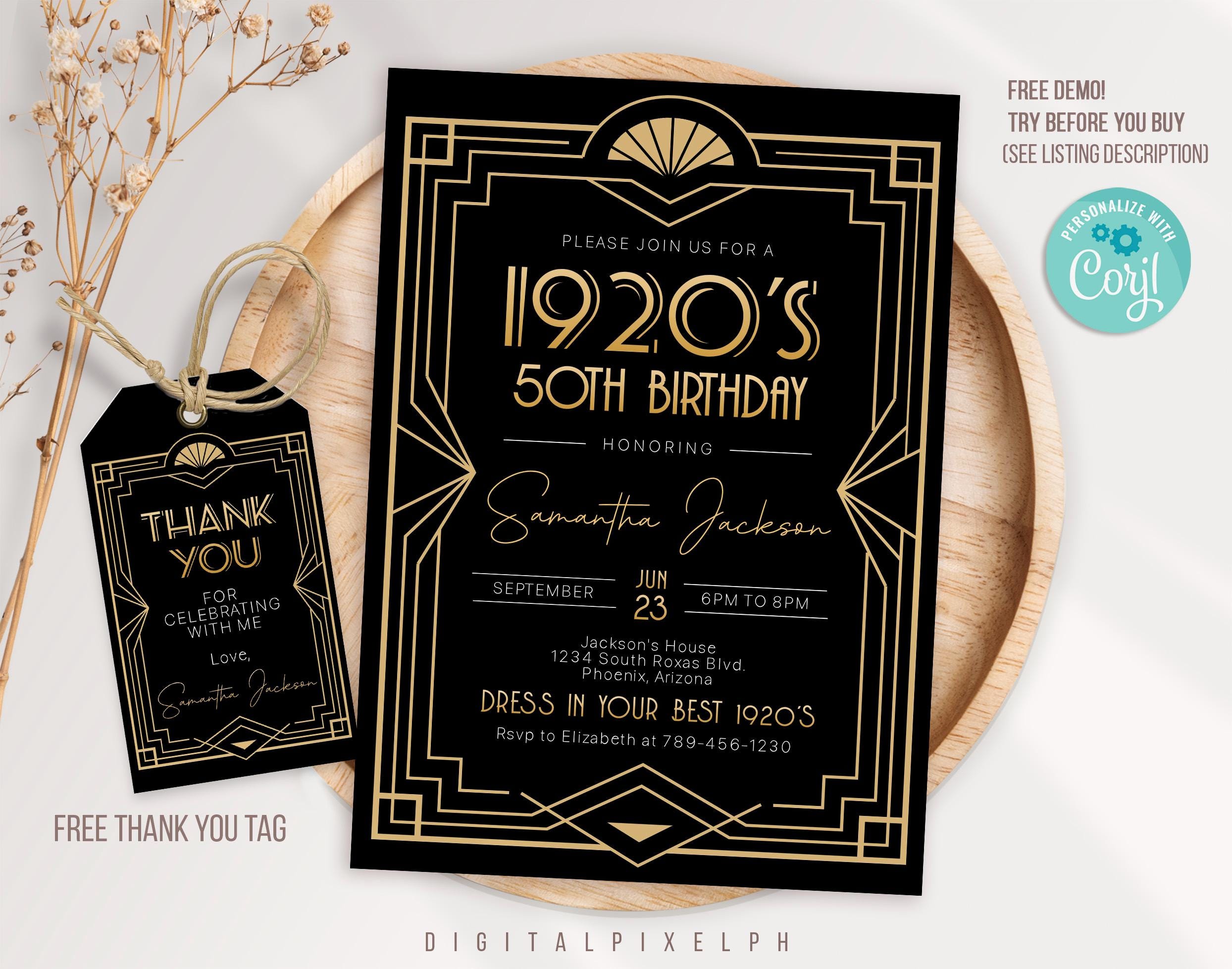 1920s Art Deco Birthday Invitation, Black and Gold (digital Download) - Etsy, image size:2488x1956