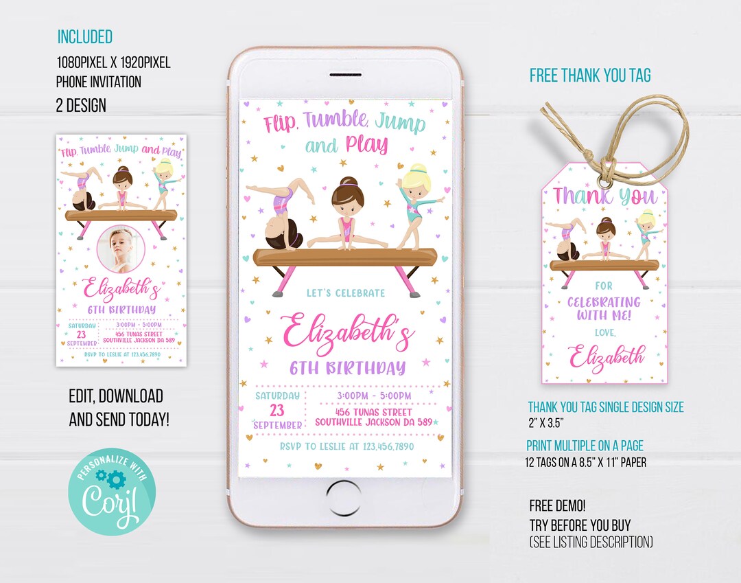 Gymnastics Phone Birthday Invitation Template, Gymnastics Electronic