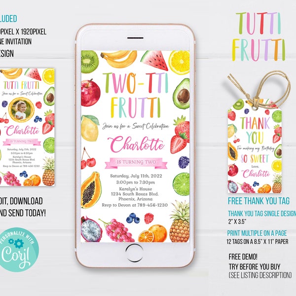 Twotti Frutti Phone Birthday Invitation Template, Tutti Frutti Electronic Invitation, Fruit Phone Invitation, Fruit Electronic Phone Invite