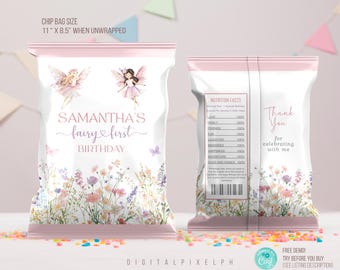 Fairy Birthday Chip Bag Wrapper Labels, Editable (Digital Download)