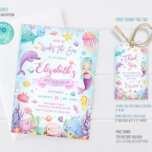 Editable Under The Sea Birthday Invitation, Editable Ocean Animals Party Invite Template, Under The Sea thank you tag image 3