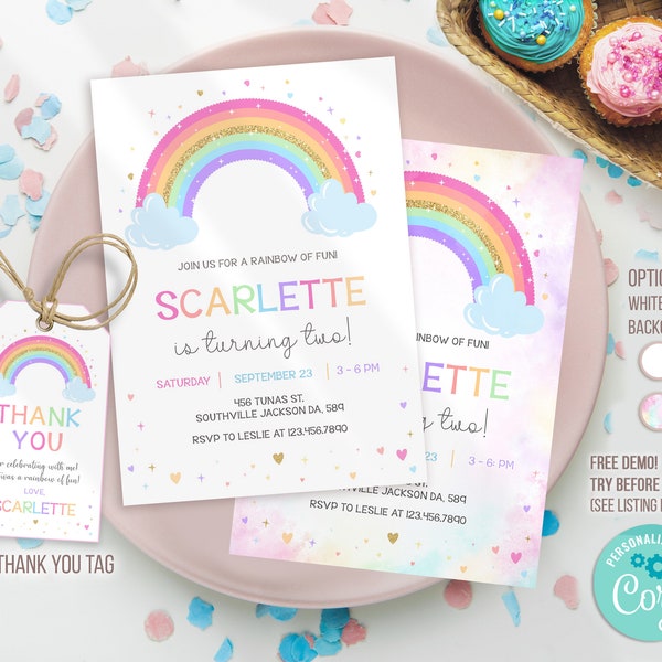 Editable Rainbow Birthday Invitation, Rainbow Invitation, Rainbow Template, Rainbow thank you tag