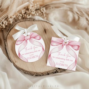 Coquette Pink Bow Thank You Tags, Editable Favor Tags (Digital Download)