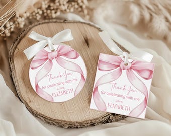 Coquette Pink Bow Thank You Tags, Editable Favor Tags (Digital Download)