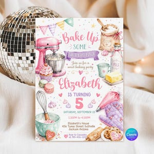 Könnte beinhalten: Eine rechteckige Geburtstagseinladungskarte mit Aquarellillustrationen von Backutensilien, darunter eine rosa Küchenmaschine, ein Schneebesen, ein Mehlbeutel, eine Milchflasche und Cupcakes. Der Text lautet Bake Up Some Birthday Magic, Elizabeth Is Turning 5.