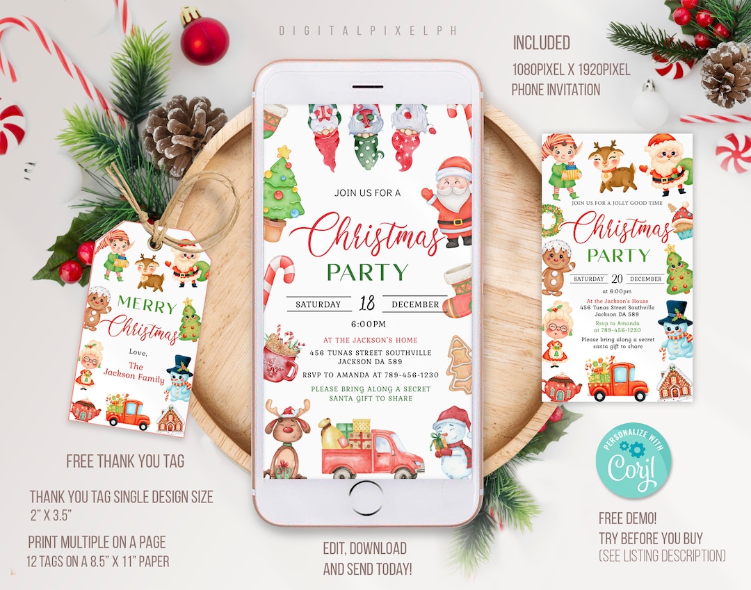 Christmas Party Phone Invitation Template, Christmas Party Invitation