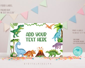 Editable Dinosaur Food Label, Dinosaur Birthday Party Food Tent Cards, Dinosaur Food Tent Label