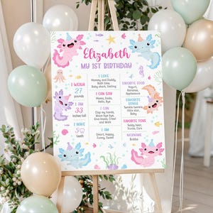 May include: A personalized birthday sign on an easel, decorated with axolotl illustrations and balloons. The sign reads "Elizabeth, My 1st Birthday" and includes details about the child's weight, height (33 inches), and favorite things.
