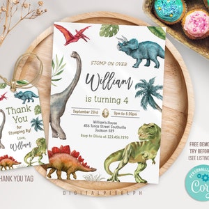 Modèle modifiable d'invitation de fête d'anniversaire de dinosaure, invitation d'anniversaire de dinosaure, invitation de dinosaure, étiquette de remerciement de dinosaure M3L
