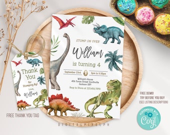 Plantilla editable de invitación a fiesta de cumpleaños de dinosaurio, invitación de cumpleaños de dinosaurio, etiqueta de agradecimiento de dinosaurio