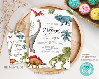 Editable Dinosaur Birthday Party Invitation Template, Dinosaur Birthday Invitation, Dinosaur Invitation, Dinosaur thank you tag, DPH