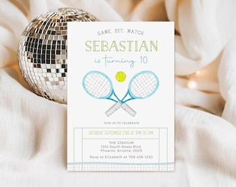 Sjabloon voor een tennisverjaardagskaart, uitnodiging voor zomersporten, tennisuitnodiging, bedankkaartjes voor tennis, MNLs