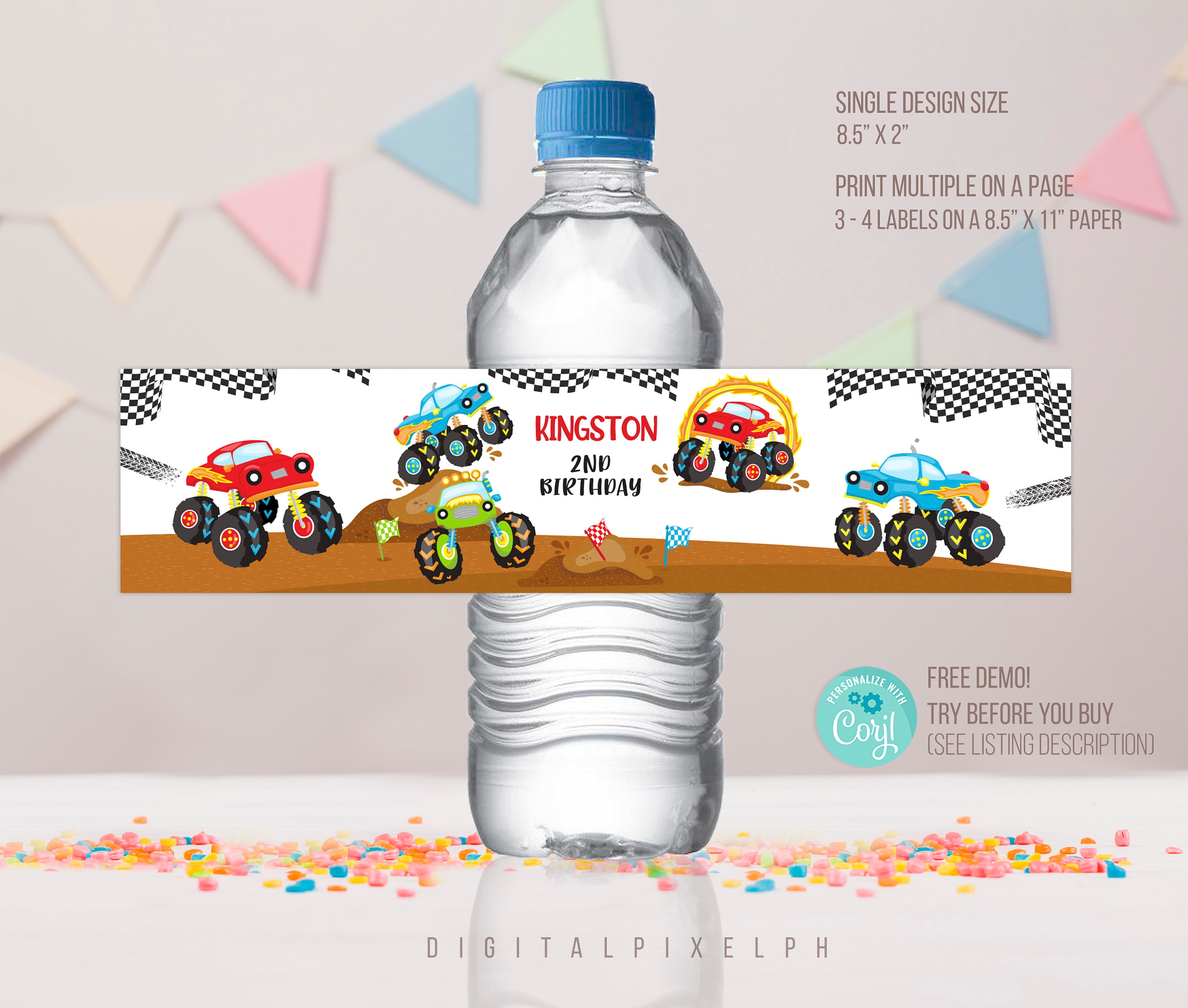 Editable Monster Truck Water Bottle Label, Monster Truck Label