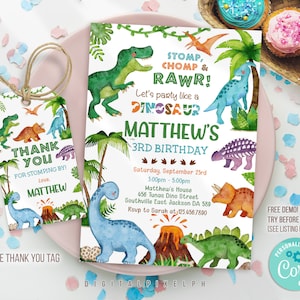 Editable Dinosaur Birthday Party Invitation Template, Dinosaur Birthday Invitation, Dinosaur thank you tag image 1