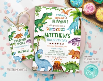 Editable Dinosaur Birthday Party Invitation Template, Dinosaur Birthday Invitation, Dinosaur  thank you tag