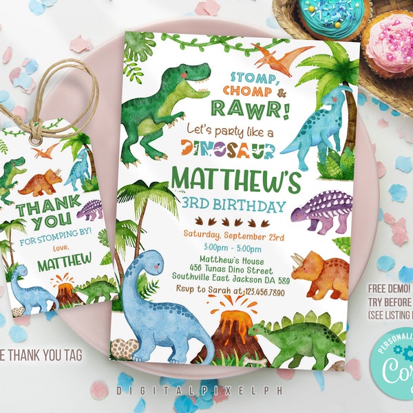 Editable Dinosaur Birthday Party Invitation Template, Dinosaur Birthday Invitation, Dinosaur  thank you tag