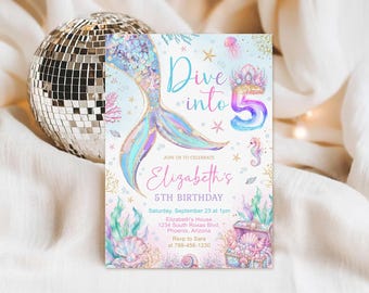 Mermaid Birthday Invitation Template, Dive into Five Invite, Mermaid Thank You Tags, Under the Sea Party (Digital Download)