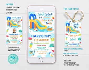 Waterslide Phone Birthday Invitation Template, Waterslide Electronic Invitation, Waterslide thank you tag, Electronic Invite, Phone Invite