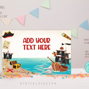 Bewerkbaar piratenvoedseletiket, piraat verjaardagsfeestje voedseltentkaarten, piraatvoedseltentetiket, piraatvoedseltentkaarten