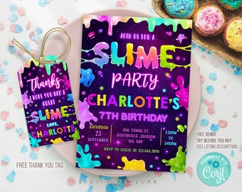 Slime Party Birthday Invitation, Slime Invitation, Slime Party Template, Slime thank you tag, Slime Editable Template