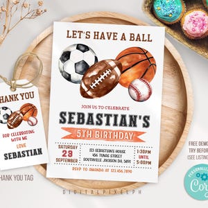 Editable Sports Birthday Invitation, Sports Invitation, Sports Ball Birthday Invitation, Baseball Football Soccer Basketball Invitation, DPH