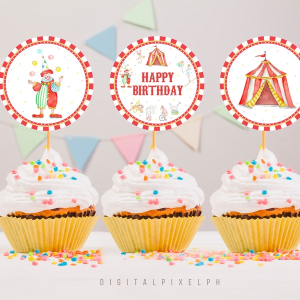 Circus Birthday Cupcake Toppers, Circus Cupcake Toppers, Carnival Cupcake Toppers, Instant Download, Non-Editable