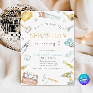 May include: A rectangular birthday invitation card featuring watercolor illustrations of construction tools including a hard hat, saw, hammer, and drill. The text reads: Grab your tool belt, Sebastian is turning 3, join us to celebrate, Saturday, September 23rd 2023, 2:30pm to 5:00pm, Sebastian's House, 1234 South Roxas Blvd, Phoenix, Arizona, 0005, Rsvp to Elizabeth at 789-456-1230.