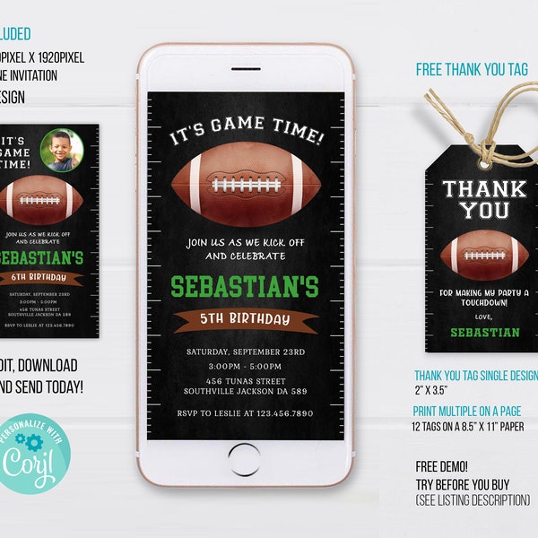 Football Phone Birthday Invitation Template, Football Electronic Invitation, Football thank you tag, Electronic Phone Invite