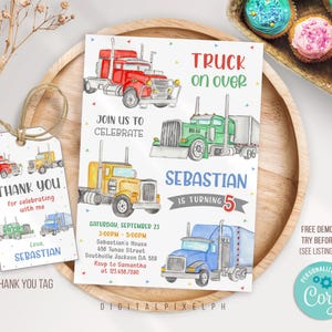 Modèle modifiable d'Invitation d'anniversaire de camion, Faire-part d'anniversaire de semi-camion, étiquette de remerciement de camion, Faire-part d'anniversaire de camion