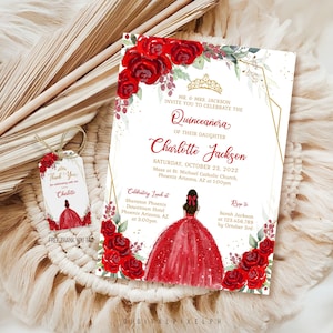 Red Roses Quinceañera Birthday Invitation Template, Editable (Digital Download)