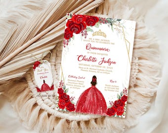 Red Roses Quinceañera Birthday Invitation Template, Editable (Digital Download)