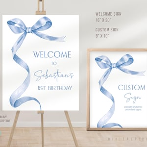 Plantilla editable de letrero de bienvenida con lazo azul de Coquette, plantilla de letrero personalizado con lazo azul de Coquette, letrero de bienvenida con lazo de Coquette, letrero personalizado con lazo