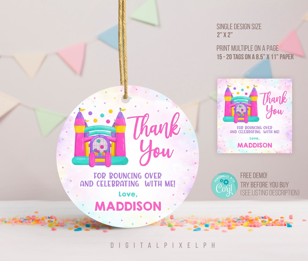 Bounce Sticker Editable Bounce House Round Thank You Tags, Bounce House Sticker ...