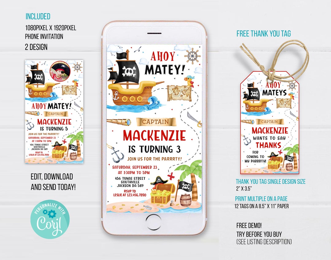 Pirate Electronic Invitation Template, Pirate Birthday Phone Invitation, Pirate Thank You Tag
