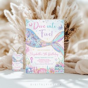 Mermaid Birthday Invitation, Under The Sea, Dive Into Five (Digital Download)
