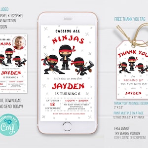 Ninja Electronic Invitation Template, Ninja Birthday Phone Invitation, Ninja Thank you tag, Editable Electronic Invitation, DPH